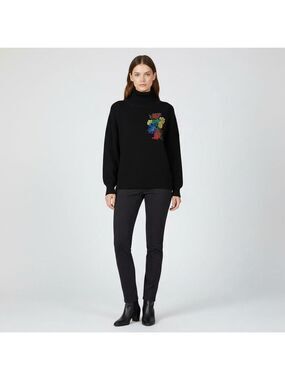 Vintage Emilia Saachi black turtleneck embroidered floral design size 44 large